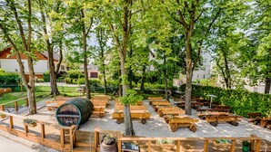 An outdoor seating area with wooden tables and benches, surrounded by trees and a gravel path. - Brewery Gasthof Zwönitz, owner Dominik Naumann - Double room (Zwönitz)