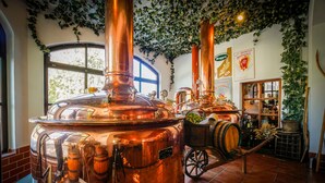 A copper brewing facility with large tanks, barrels, and a cart. - Brewery Gasthof Zwönitz, owner Dominik Naumann - Double room (Zwönitz)