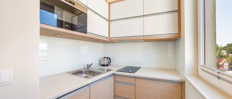 Cocina compacta con un lavamanos de acero inoxidable, un hervidor y armarios de madera.