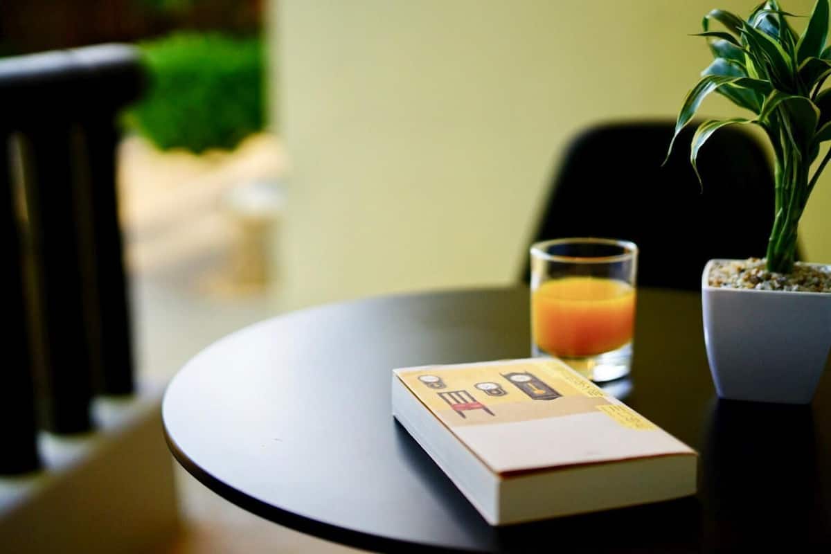 Una mesa con un libro, un vaso de zumo de naranja y una planta en maceta.