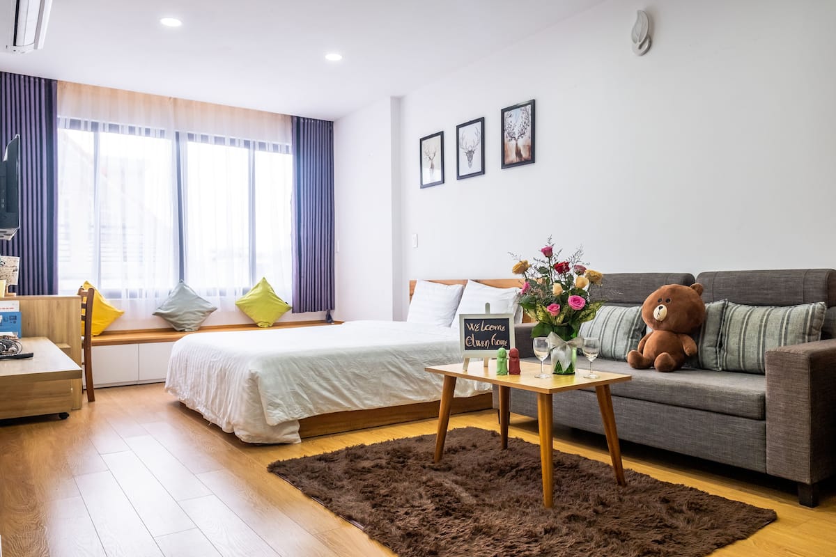 Premium bedding, memory-foam beds, laptop workspace, soundproofing