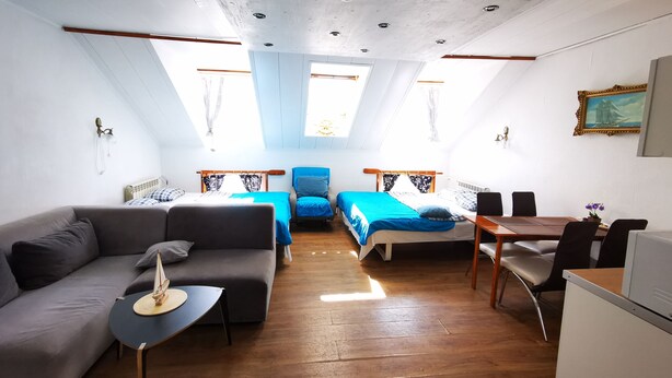 A compact, well-lit room with a loft bed, a sofa, a small table, and a desk. - Meridian Apartments (Klaipeda)