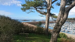 A coastal view with a marina, a tree, and a grassy area. - Trébeurden Beach T3 (Accommodation close to the beach and GR 34) (Trébeurden)