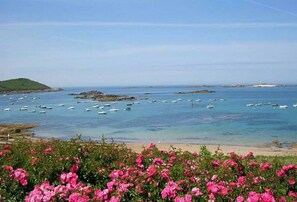 On the beach, sun loungers