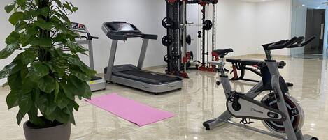 Un gimnasio con cinta de correr, máquina de pesas, bicicleta estática y una planta en maceta.