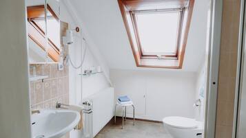 A small, modern bathroom with a skylight, a white sink, a toilet, and a shower area.