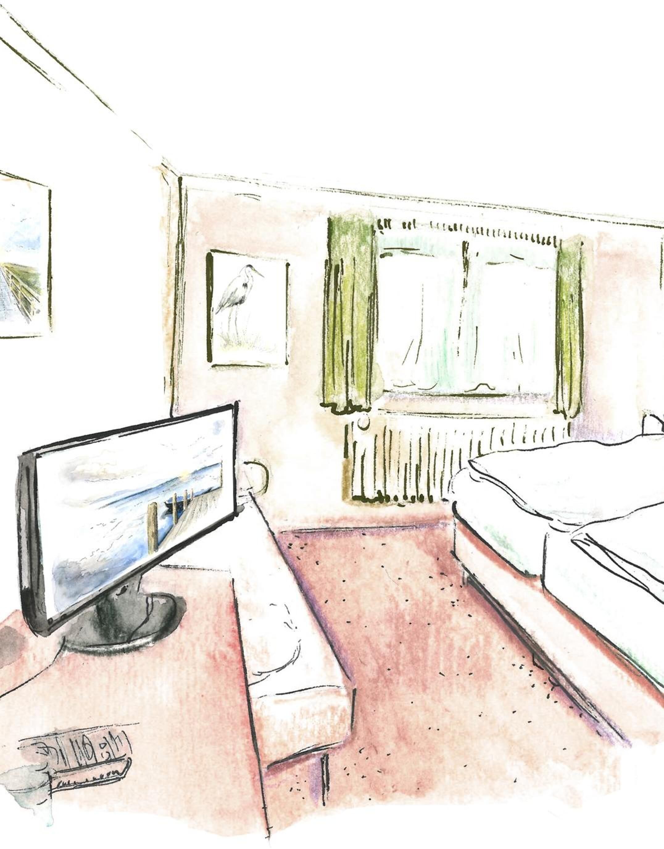 A hotel room with a bed, a desk with a computer monitor, a window with curtains, and a radiator.