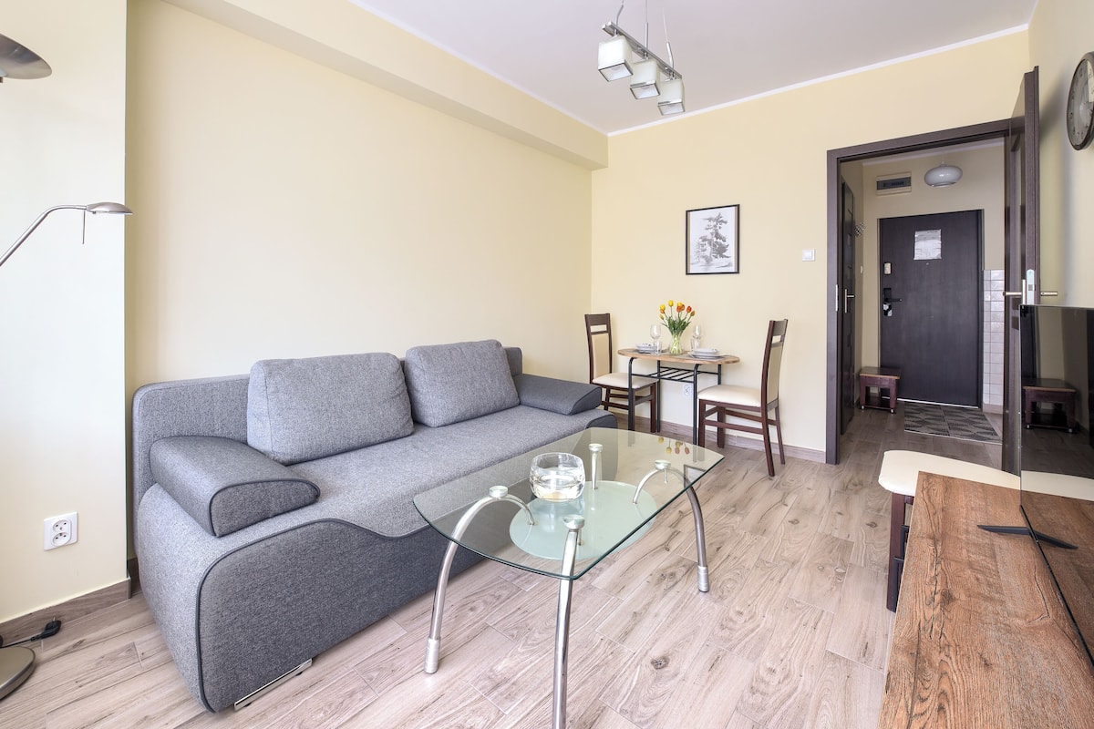 Una sala de estar moderna con un sofá gris, una mesa de centro de vidrio y una lámpara de pie.