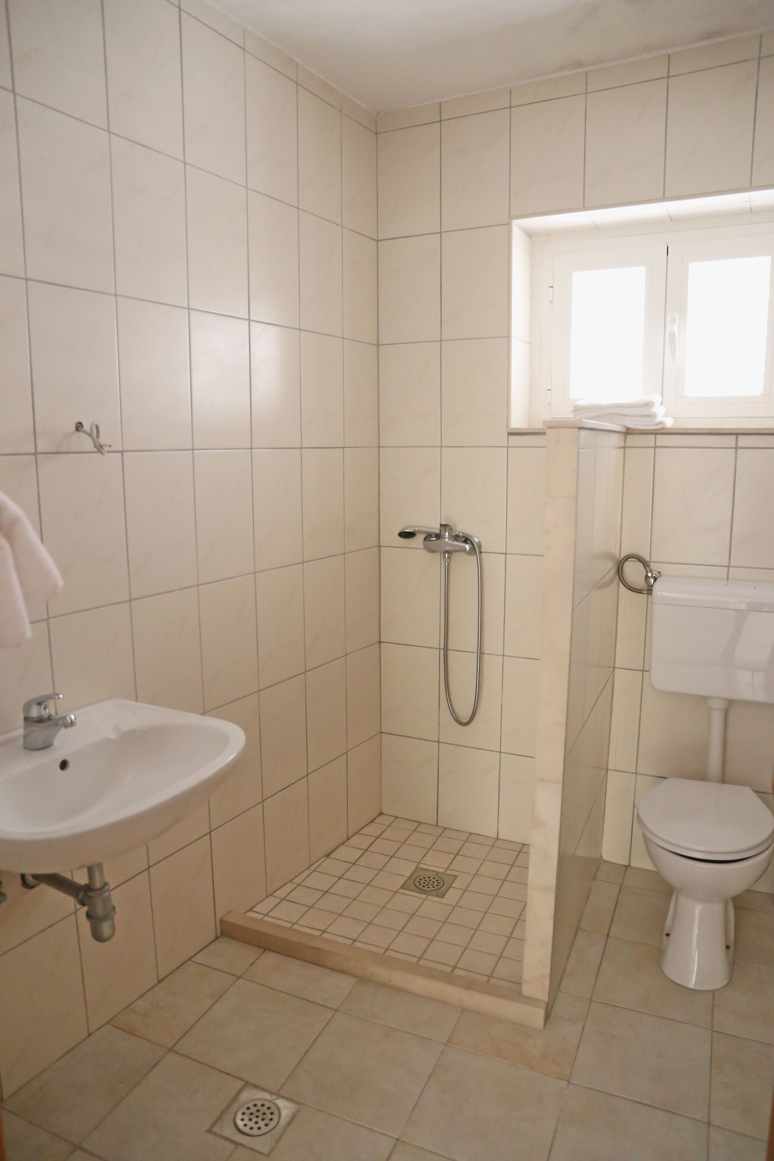 Une salle de bain avec douche, lavabo et toilettes.