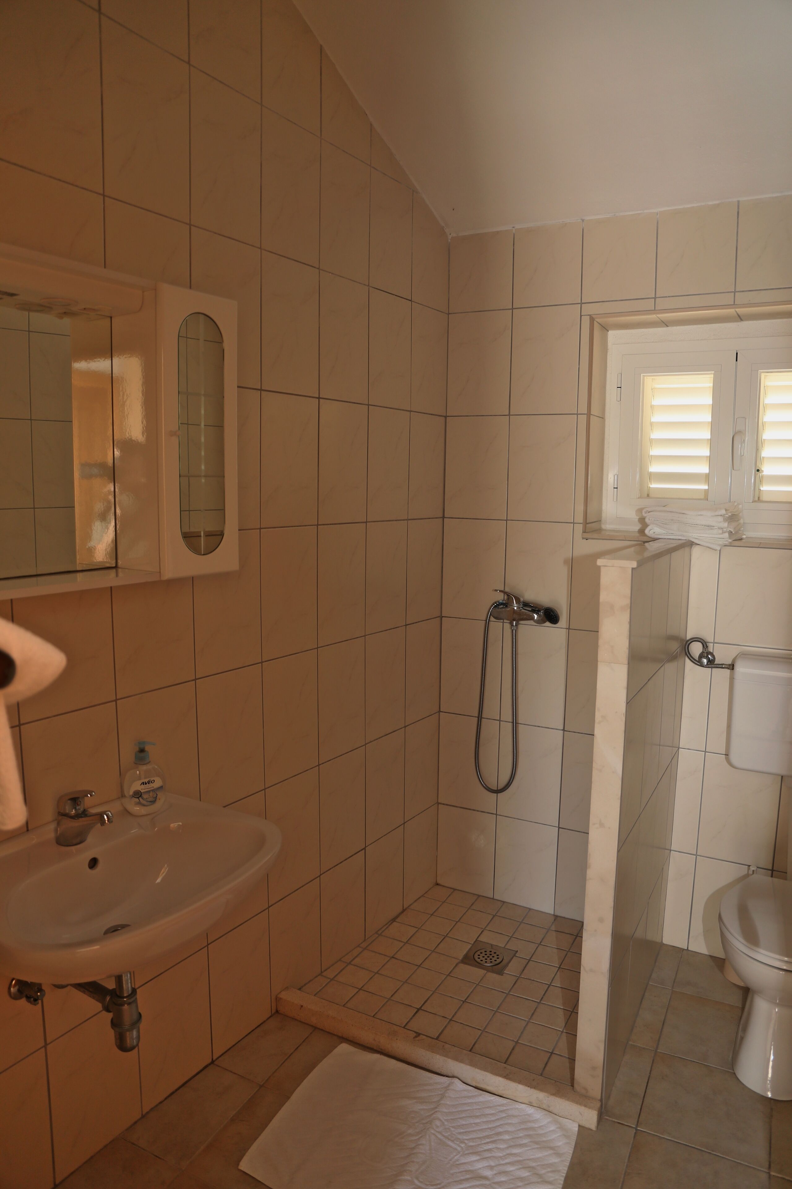 Un baño con lavamanos, espejo, ducha e inodoro.