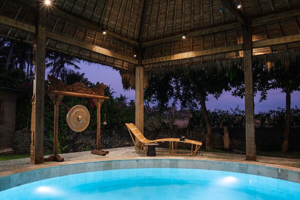 Outdoor pool, pool umbrellas, pool loungers