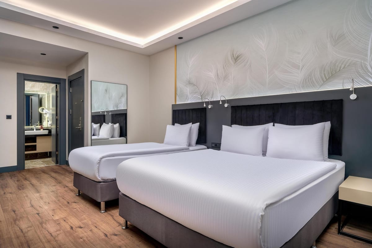 Une chambre d’hôtel moderne avec deux lits, un grand miroir et un mur décoratif.