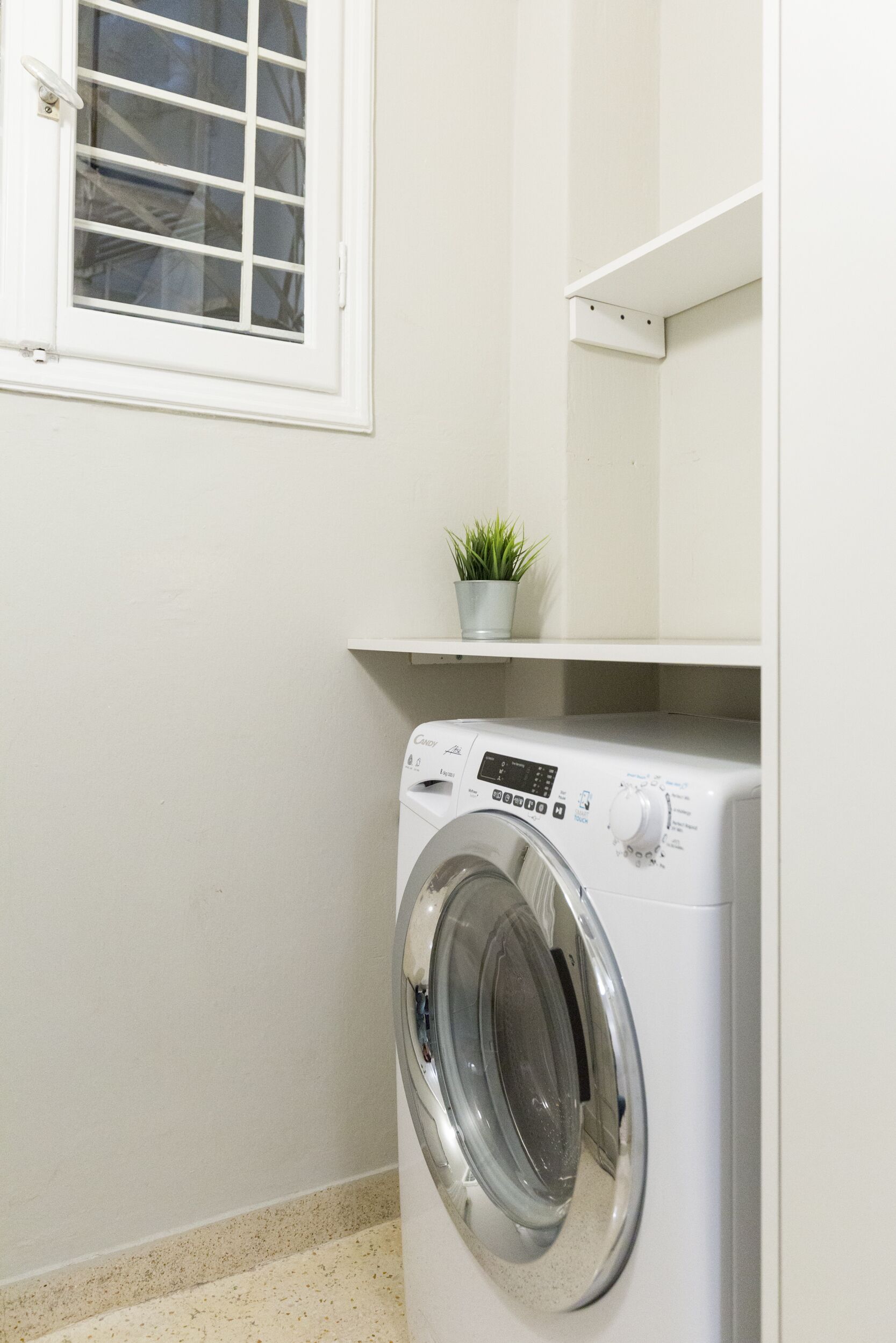 A compact laundry room with a front-loading washing machine, a small potted plant on a shelf above the machine, and a window with a grid pattern.