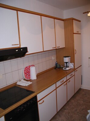 Fridge, microwave, stovetop, coffee/tea maker
