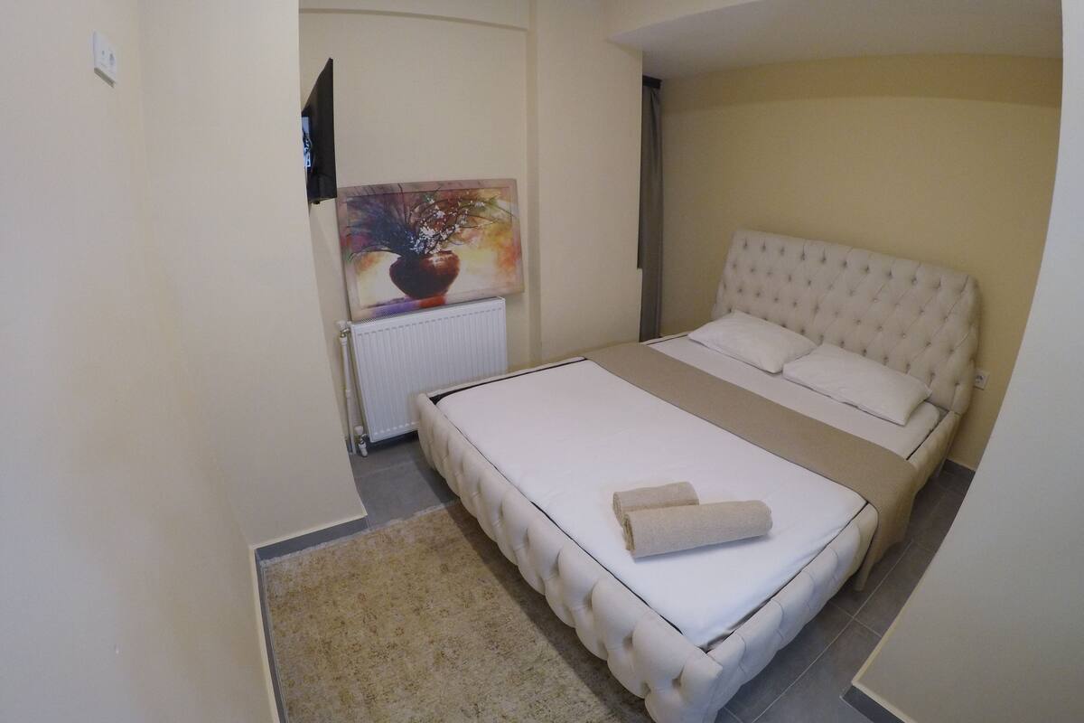 A bedroom with a large bed, a radiator, a painting, and a small rug.