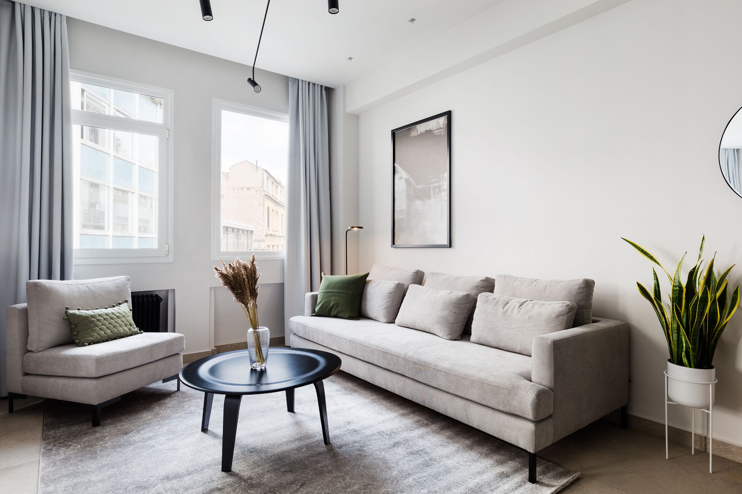 A modern living room with a sofa, a coffee table, and a potted plant.