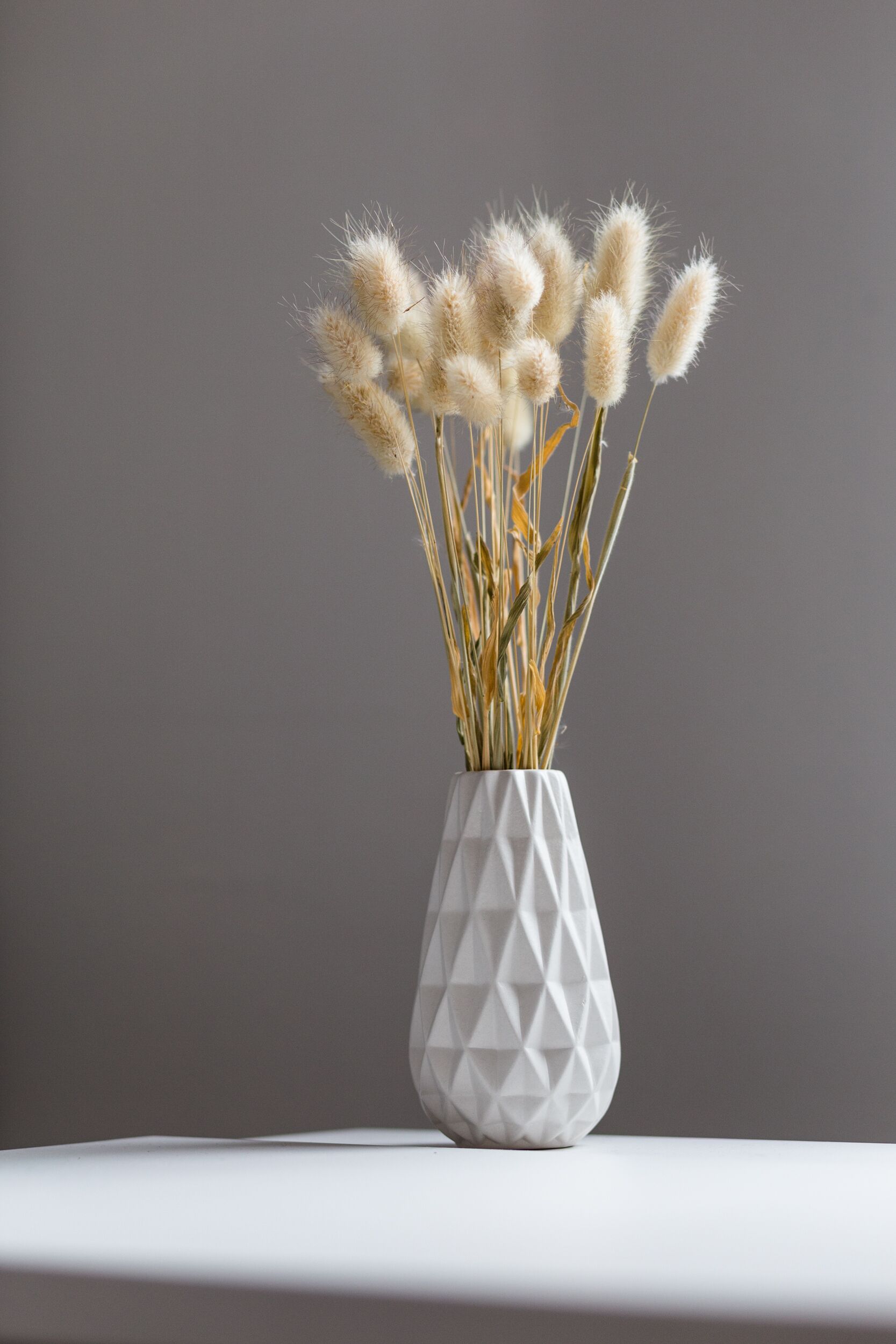 A white vase with a geometric pattern containing dried plants.