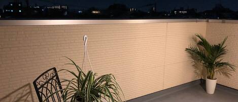 Une terrasse sur le toit, avec un mur en briques, un pot de fleurs et une chaise en métal.