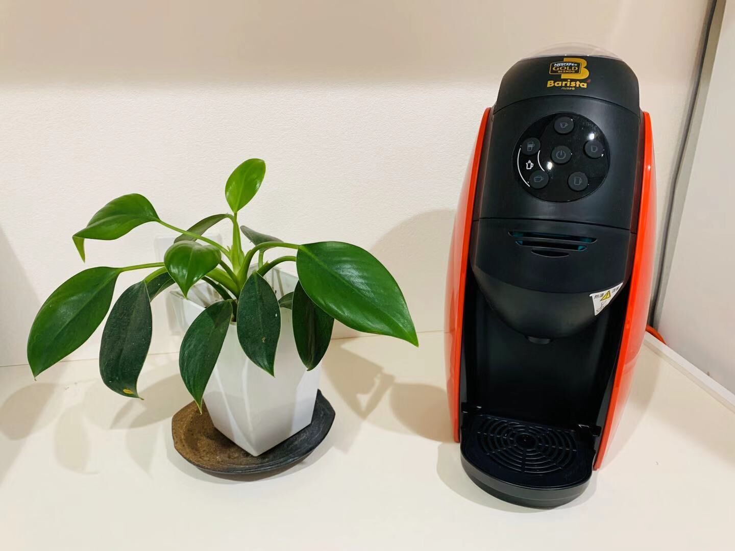 A Nescafé Barista coffee machine and a potted plant on a white surface.