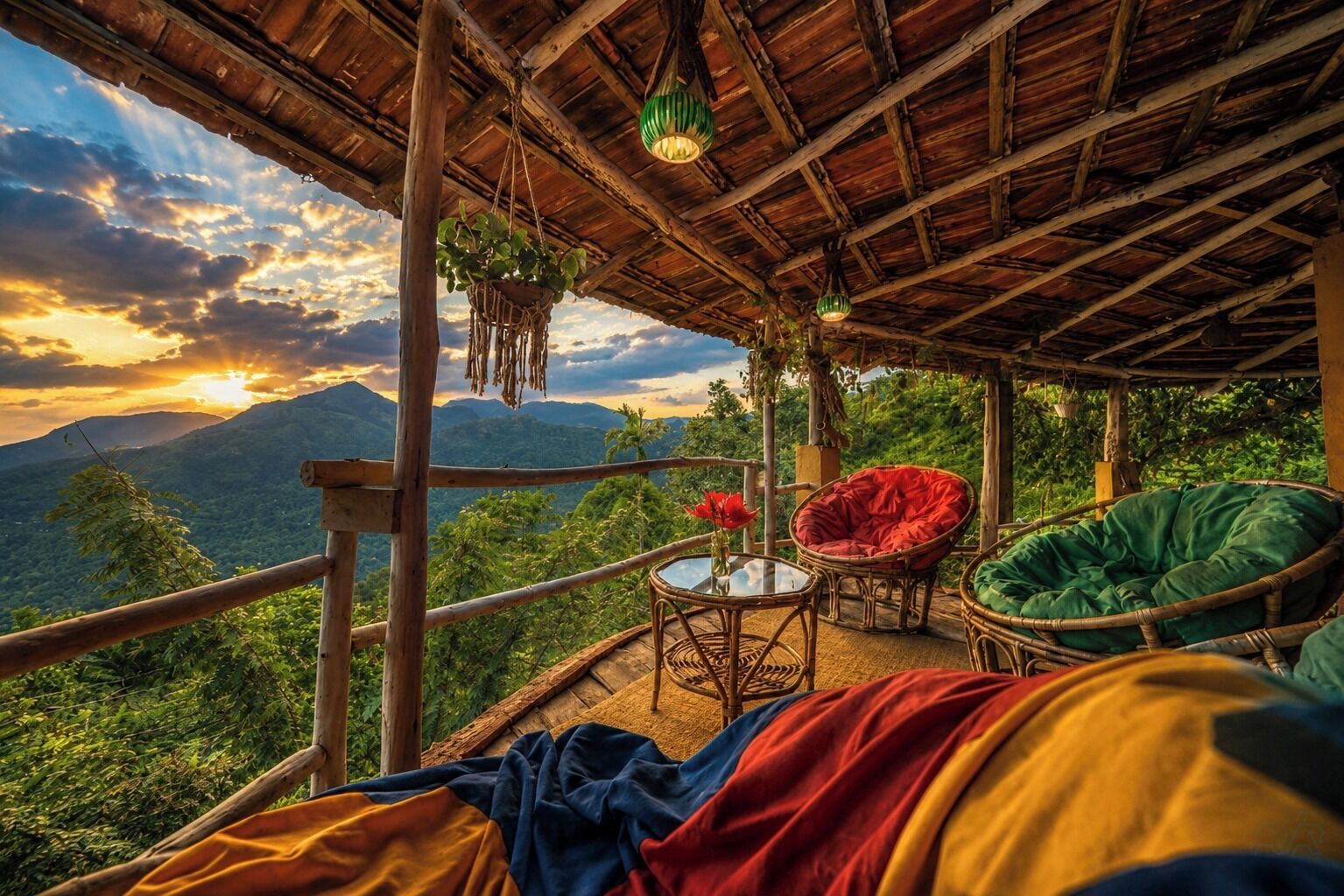 A wooden deck with wicker furniture, a glass table, and a view of mountains.