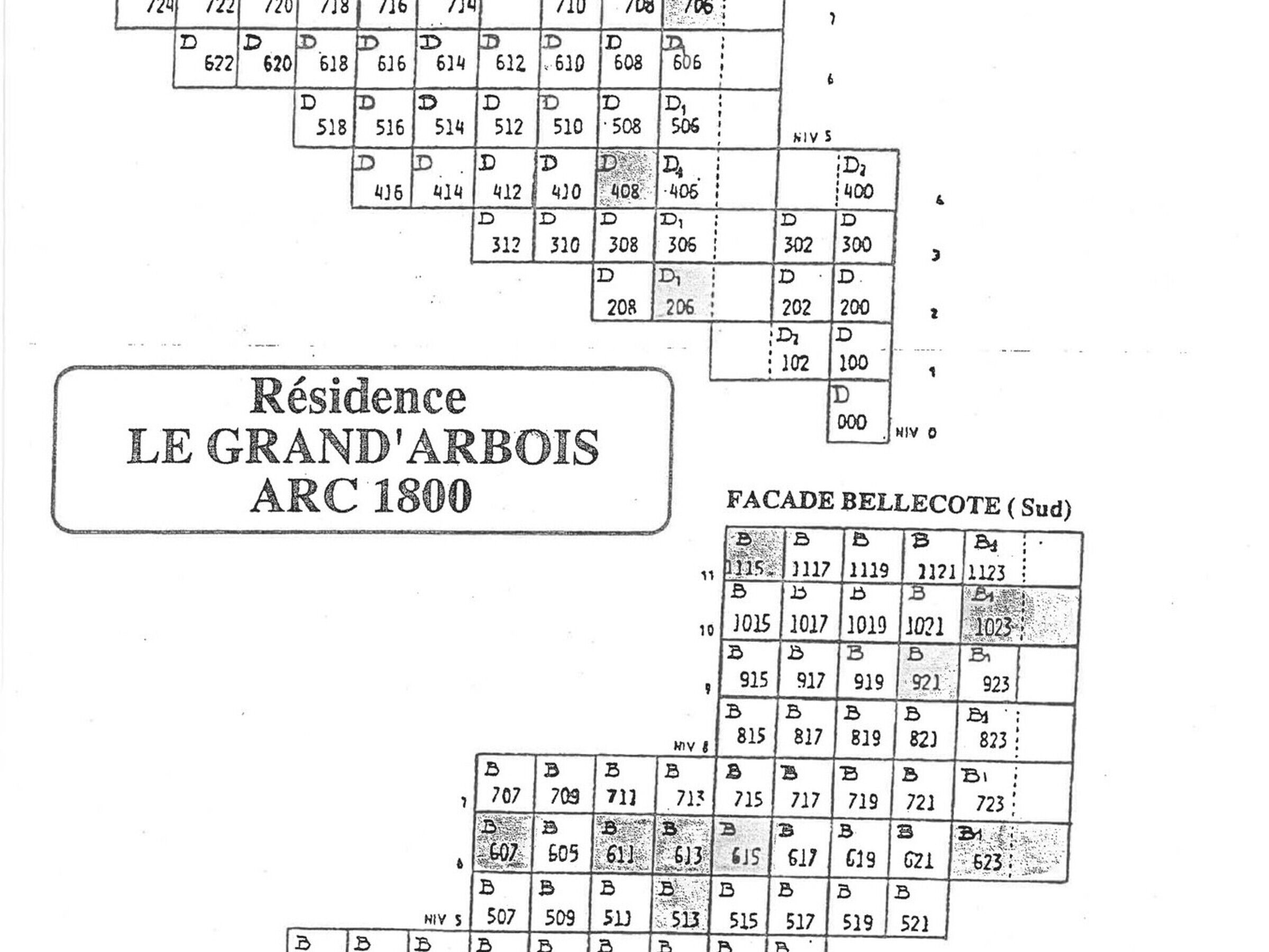Grundriss der Residence Le Grand Bois ARC 1800, inklusive Zimmernummern und Anordnung.