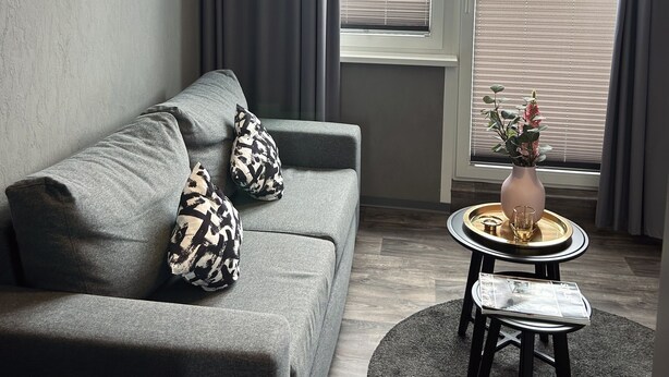 Een moderne woonkamer met een grijze bank, twee kussens met een patroon, een ronde salontafel met een vaas en een glas, en een hangende hanglamp.