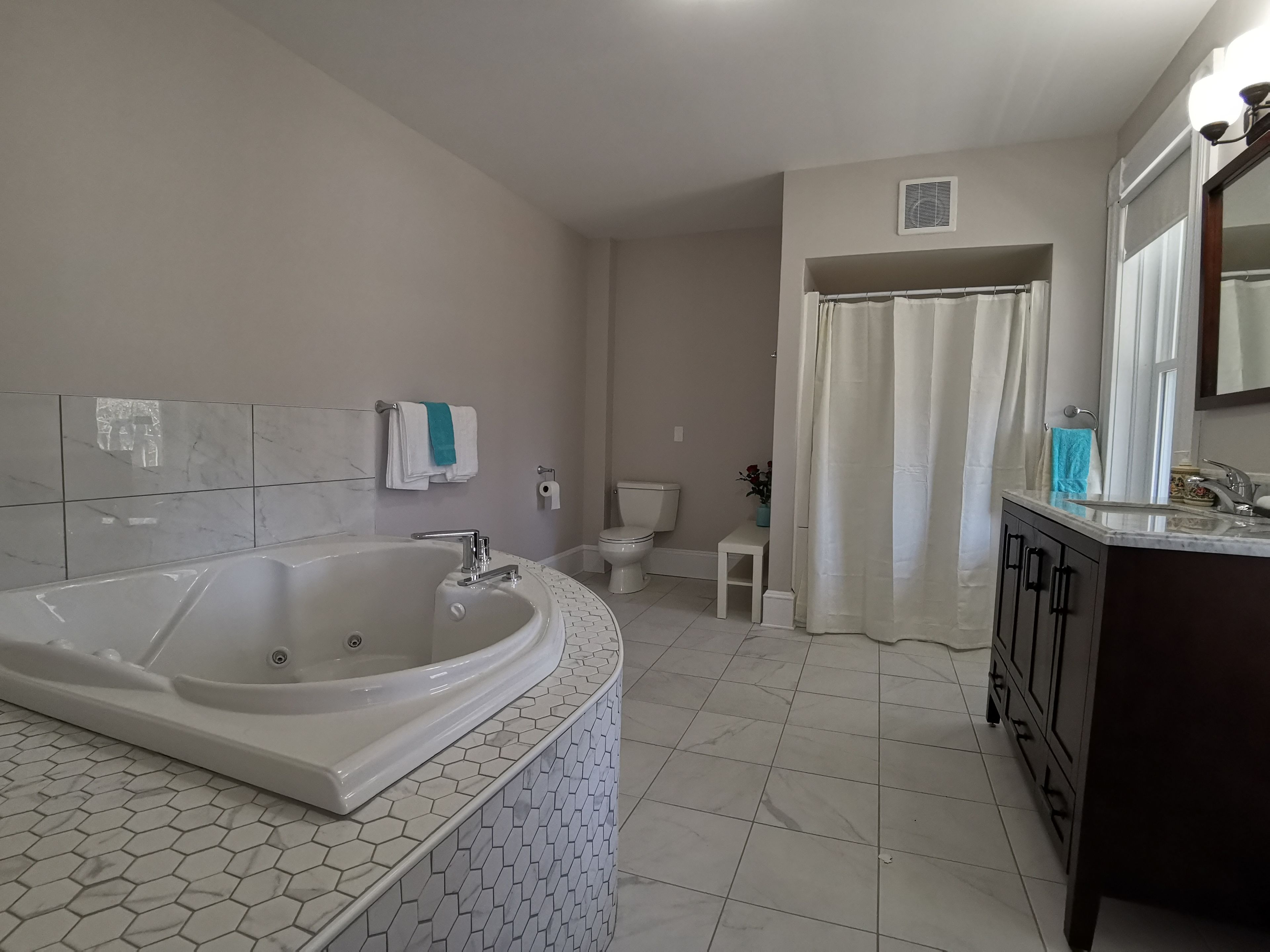 A bathroom with a large bathtub, a toilet, a sink, and a shower curtain.