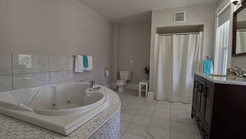 Une salle de bain avec une grande baignoire, des toilettes, un lavabo et un rideau de douche.