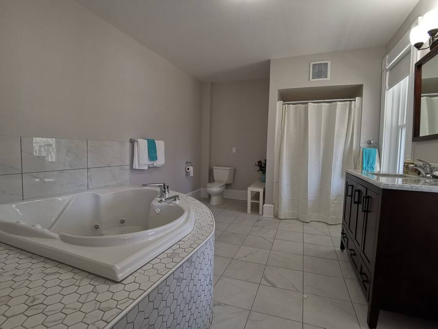 Une salle de bain avec une grande baignoire, des toilettes, un lavabo et un rideau de douche.