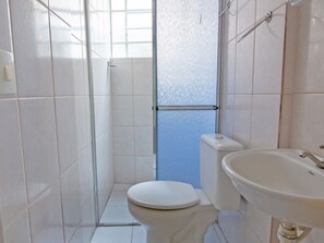 Shower, free toiletries, towels, soap