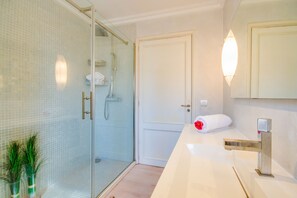 Shower, hair dryer, towels