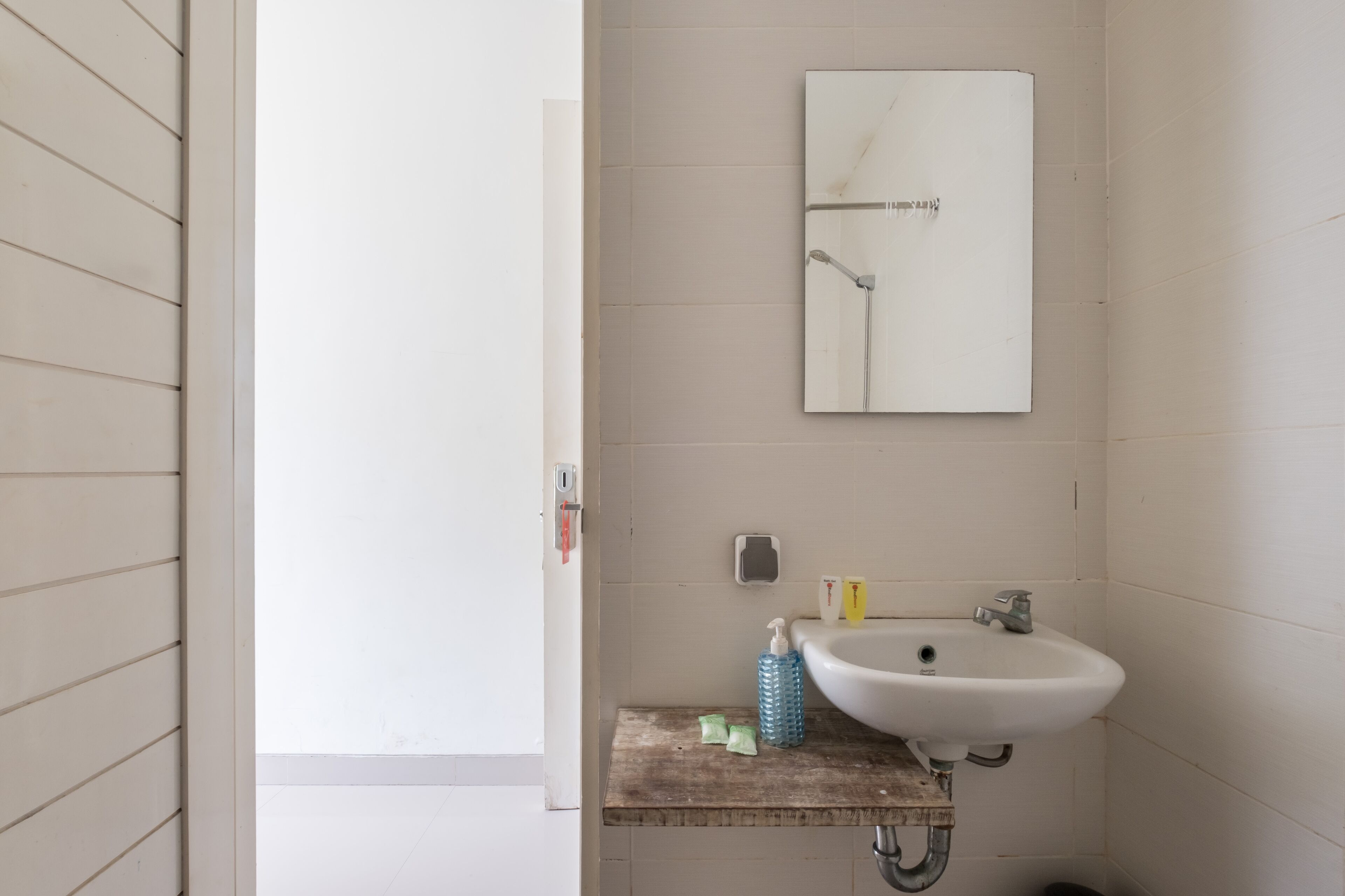 A bathroom with a white sink, a mirror, and a shower head on the wall.