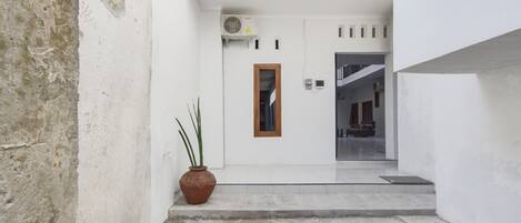 A narrow hallway with a potted plant, a door with a small window, and a staircase leading to another level.