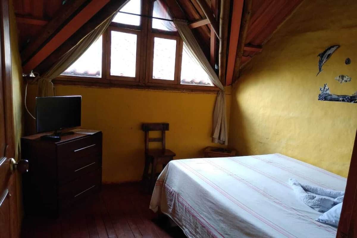 A small, dimly lit room with a single bed, a wooden dresser, and a television on a stand.