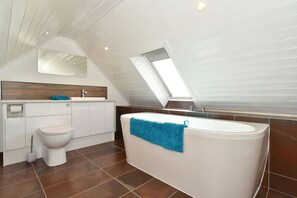 Bathtub, hair dryer, towels, toilet paper