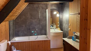 Bathtub, hair dryer, toilet paper