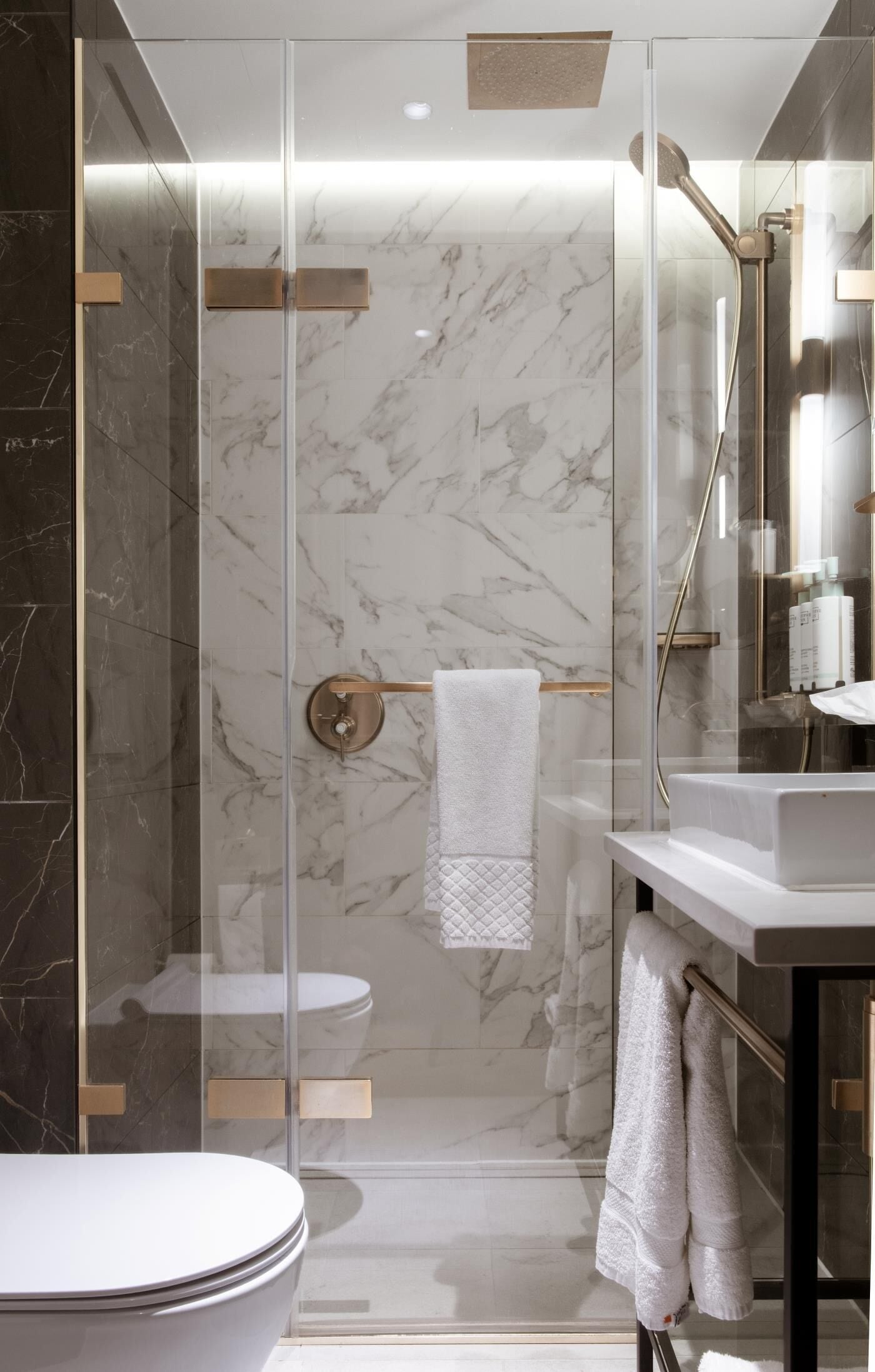 A modern bathroom with a glass-enclosed shower, a toilet, and a sink with a towel rack.