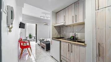 Deluxe Studio, 2 Single Beds, Patio | Private kitchen | Fridge, stovetop, coffee/tea maker, electric kettle