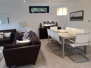 TV connectée, cheminée, livres, chaîne hi-fi