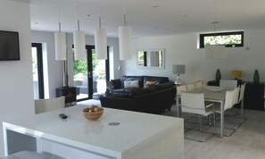 Smart TV, fireplace, books, stereo