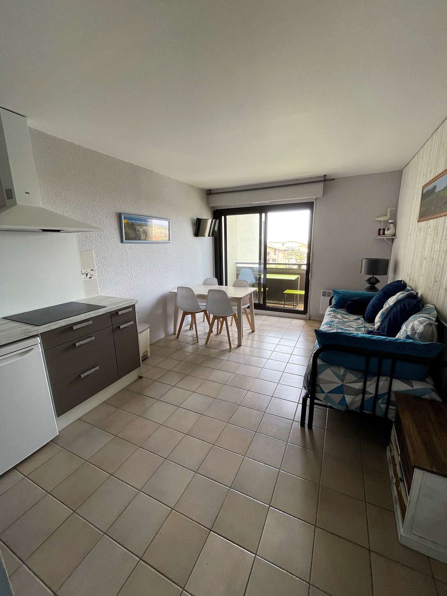A compact living space with a kitchenette, a dining area, and a sofa.