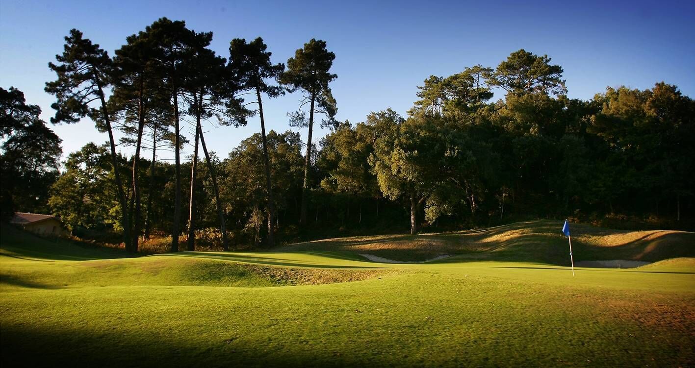 En golfbane med en velholdt fairway, sandbunkere og høje træer i baggrunden.
