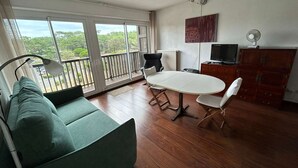 Een ruime kamer met een groene bank, een eettafel met stoelen, een televisie en een houten kast.