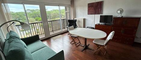 A spacious room with a green sofa, a dining table with chairs, a TV, and a wooden cabinet.
