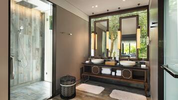 A modern bathroom with a walk-in shower, two sinks, and a large mirror.