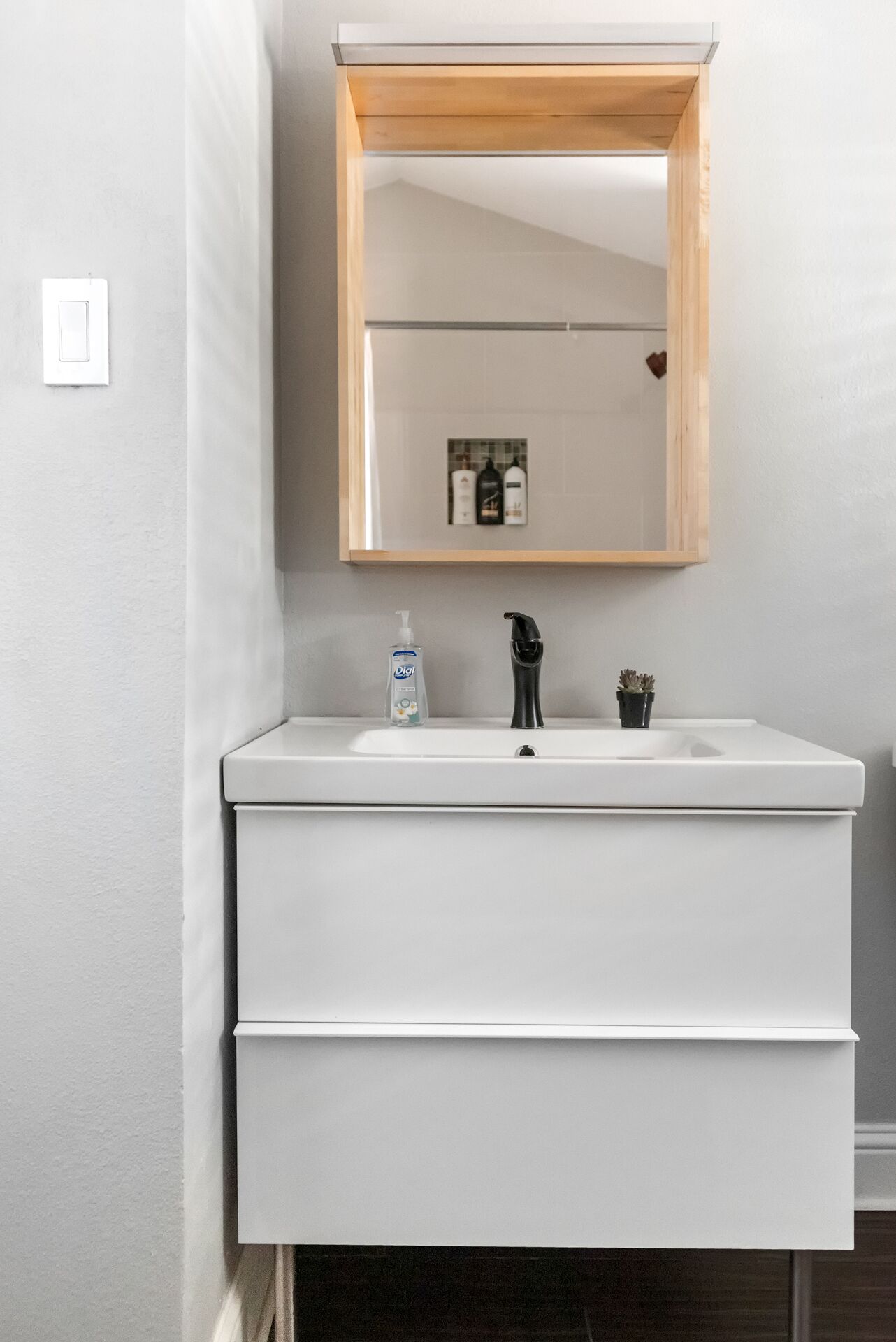 A bathroom with a white sink, a wooden-framed mirror, a bottle of Dial hand soap, and a small potted plant.