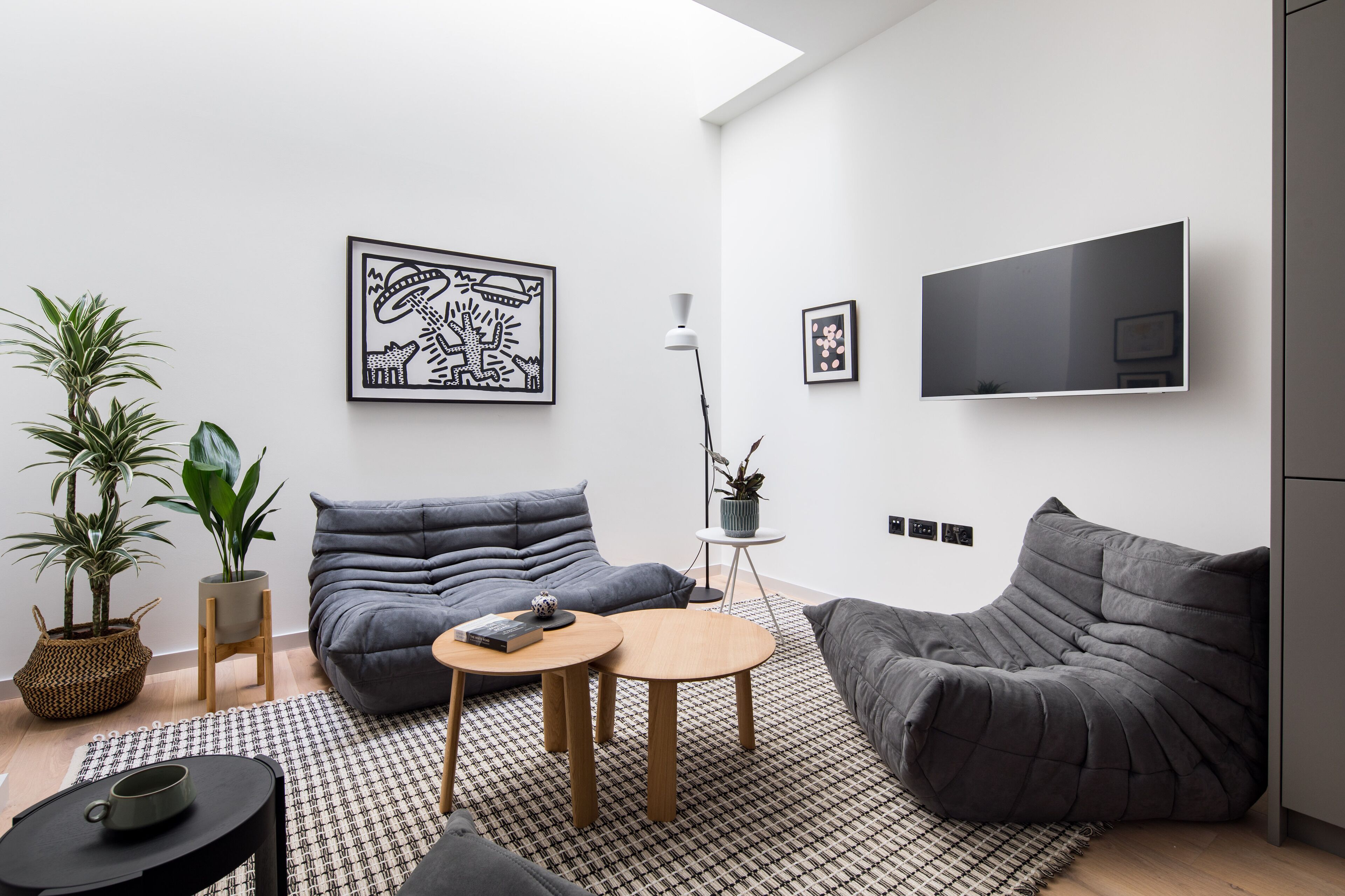 Een moderne woonkamer met een bank, een salontafel, een televisie en kunst aan de muur.