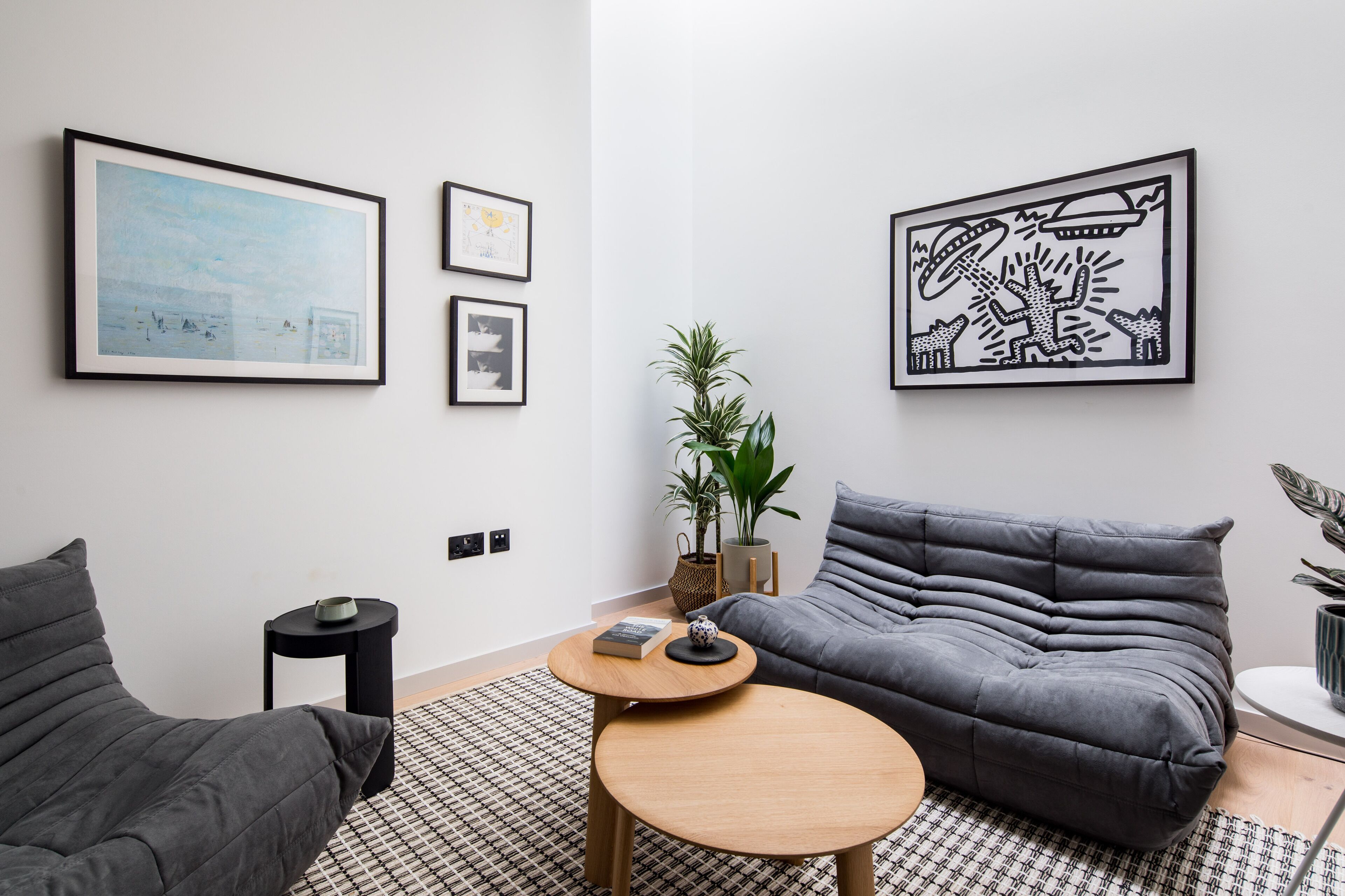 Un salon moderne avec un canapé gris, une table basse ronde en bois et un tapis à motifs noir et blanc. Des œuvres d’art encadrées ornent le mur, et une plante en pot est posée sur une table d’appoint.