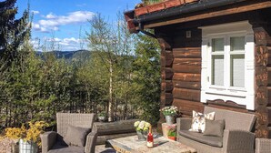 Une cabane en rondins avec des meubles en osier, une table décorée de fleurs et une vue sur les arbres et les montagnes.