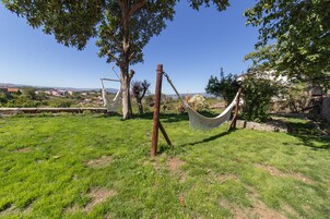 A grassy outdoor area with hammocks tied to trees.